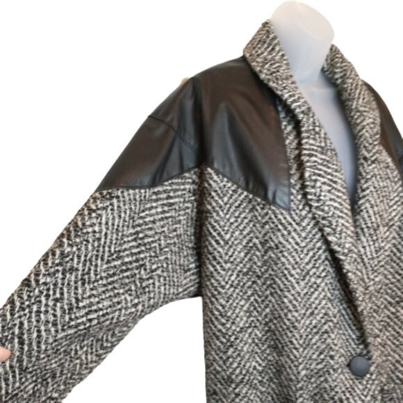 VTG Black Gray Herringbone Coat Size 11/12 Leather Trim by Projections LTD USA - Picture 6 of 8
